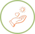 An icon of a hand holding a heart and the sun on top.