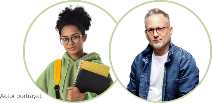 Actor portrayal. A female holding a book on the left and a man on the right.