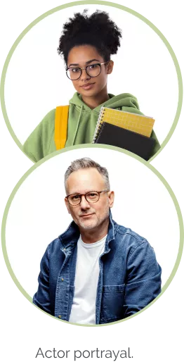 Actor portrayal. A female holding a book on the left and a man on the right.